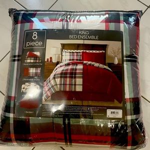 8 piece new with tags KING red plaid comforter set